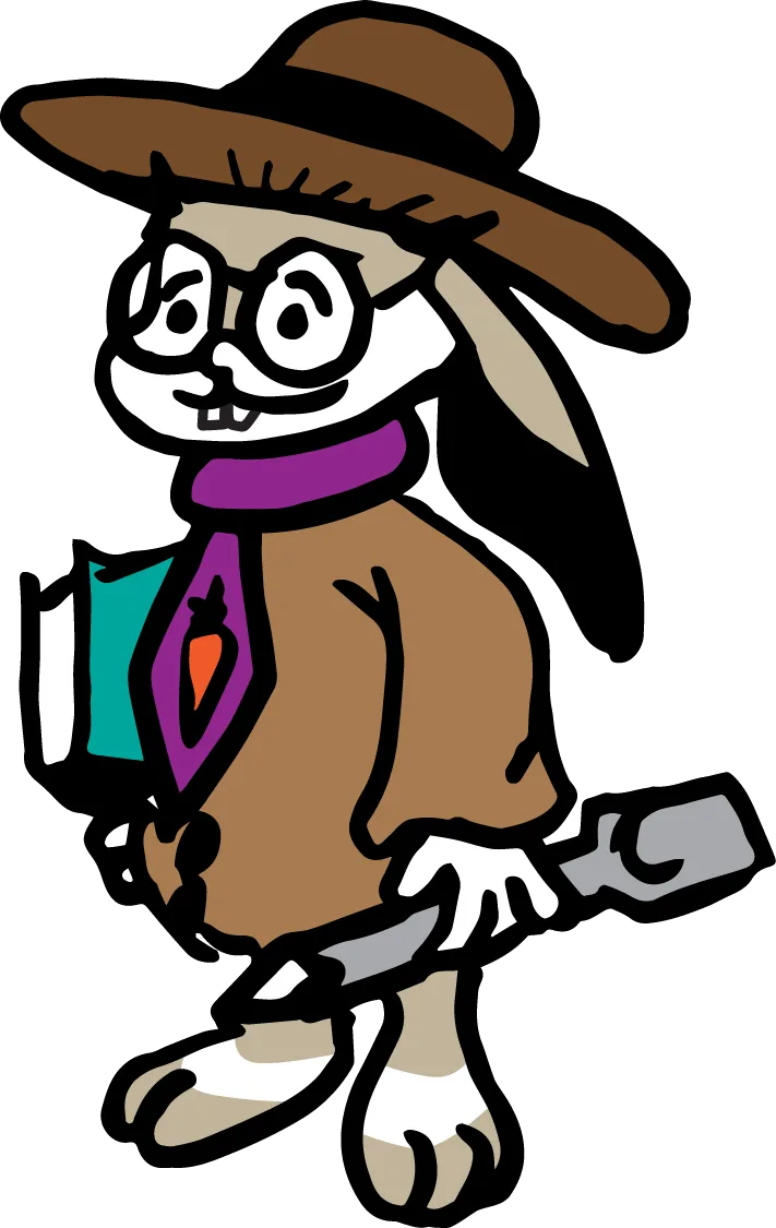 Digby, a white rabbit professor in a brown hat, round glasses, purple scarf and carrot tie, holding a book and telescope.