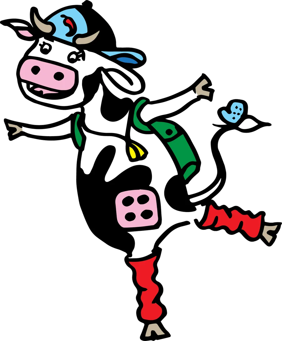 Hot Socks, a dancing black-and-white cow in a backwards blue cap, red leg warmers and a green backpack.