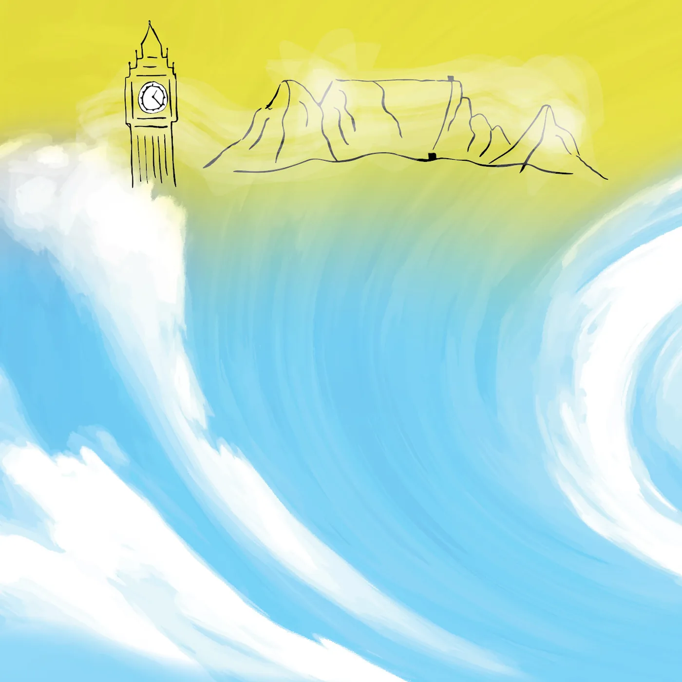 A painted scene of a great wave sweeping between Big Ben in London and Table Mountain in South Africa.