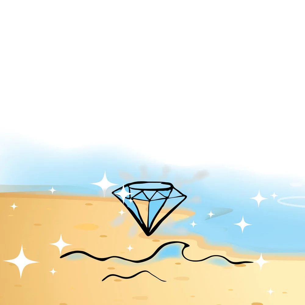 Spread: a sparkling diamond rests on golden sand.