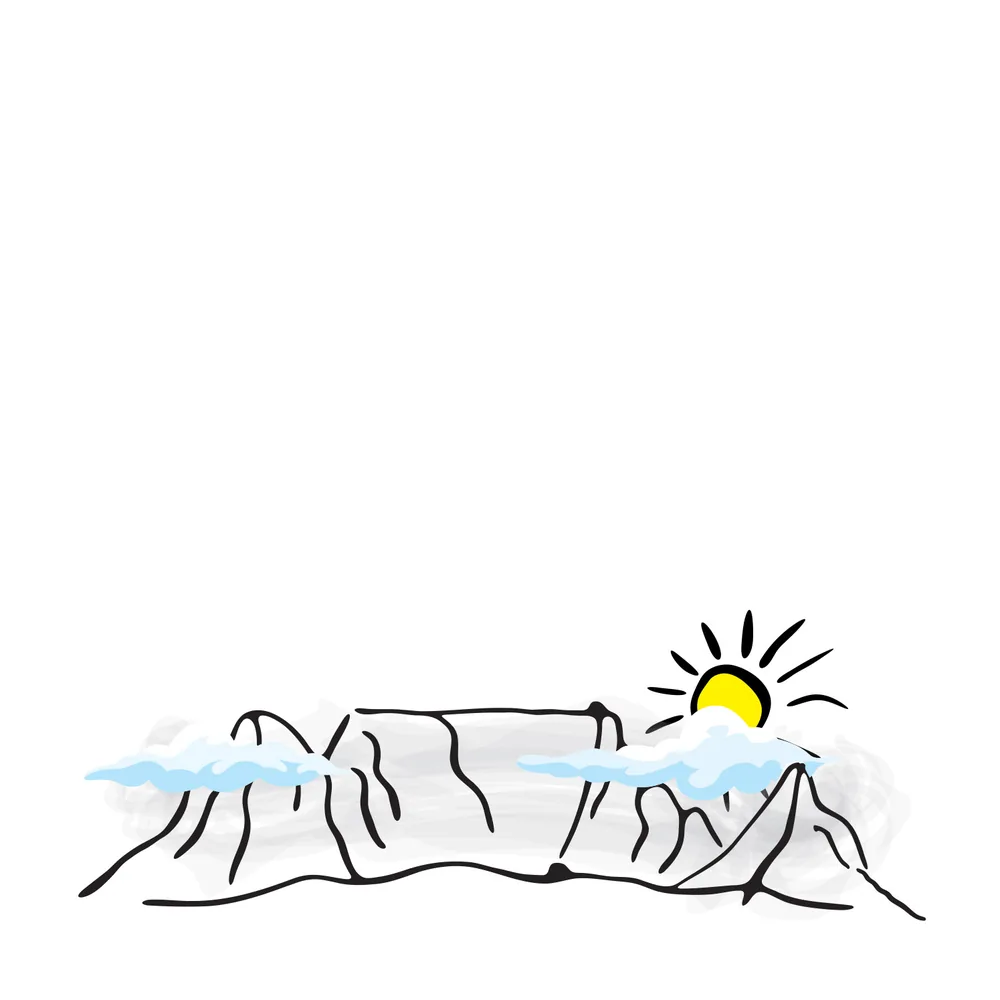 Spread: a sketched mountain under a bright sun.